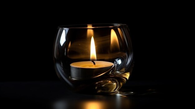 Brennende Kerze in einem Glas auf schwarzem Hintergrund mit reflexiongenerativer KI