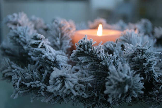 Brennende Kerze in schneebedeckten Tannenzweigen, Weihnachtskonzept, selektiver Fokus