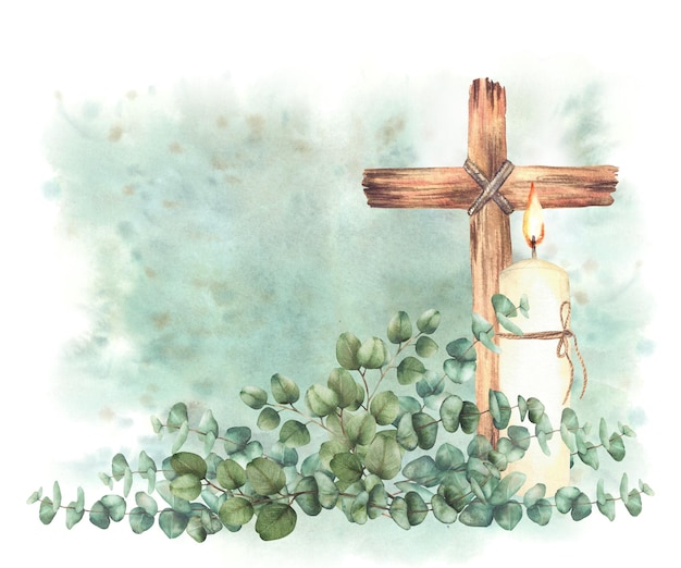 Brennende Kerze mit Holzkreuz und Eukalyptus-Silber-Dollar-Pflanzenzweigen auf Aquarellgrün