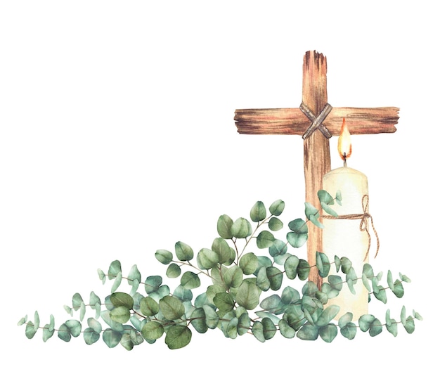 Brennende Kerze mit Kreuz, das mit Seil und Eukalyptus gebunden ist, Silberdollarpflanze, grüne Zweige, religiöse