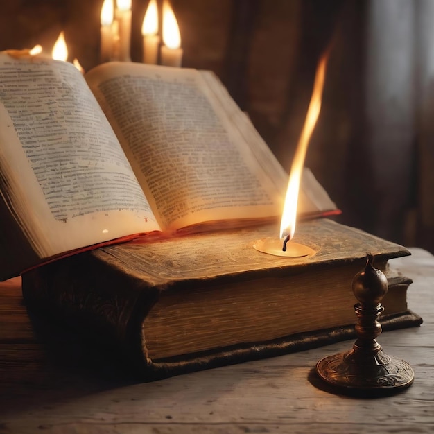 Brennende Kerze und Buch der schwarzen Magie