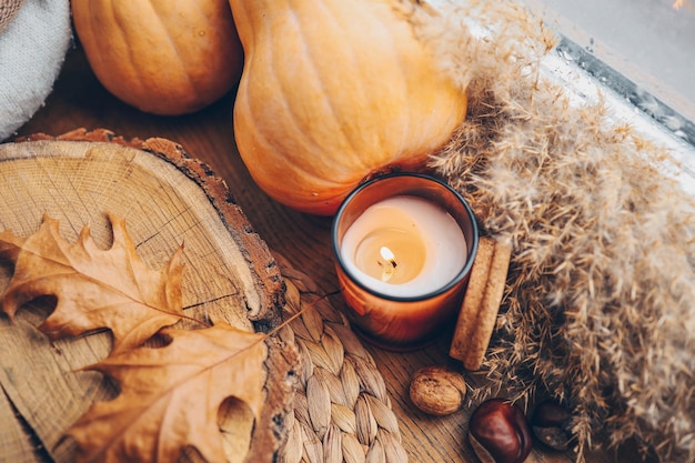 Brennende Kerze und Herbstdekor Wohnkultur Ästhetik