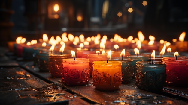 Brennende Kerzen auf Holztisch in der Kirche