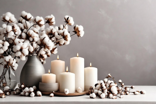 Brennende Kerzen und Baumwollblumen auf dem Tisch gegen den grauen Wandraum für den Text.