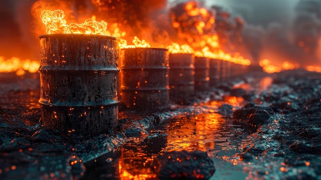Brennende Ölfässer in einer Fabrik in Nahaufnahme Industrieller Hintergrund