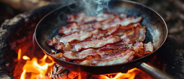 Brennende Speckstreifen in einer Pfanne über einem offenen Feuer die Quintessenz des Kochens im Freien wecken den Appetit mit rauchigen Aromen