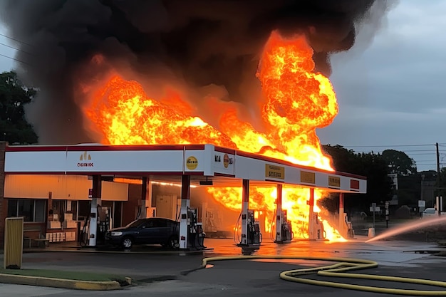 Brennende Tankstelle mit Flammen, die die Zapfsäulen verschlingen und Rauchwolken in die Luft schicken. Generative KI