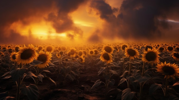 Brennende ukrainische Sonnenblumenfelder Feuer mit aufsteigendem Rauch am Horizont Nach dem Krieg und der russischen Aggression