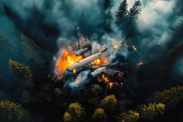 brennende und rauchende Trümmer eines Passagierflugzeugs, das im Wald abgestürzt ist.