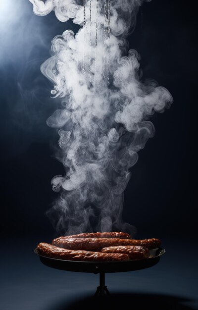 Foto brennende würstchen auf einer grillpfanne, umgeben von aufsteigendem rauch und mit wasser übergossen