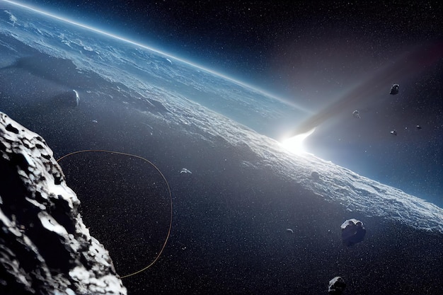 Brennender fallender Asteroid und Planetenkollision