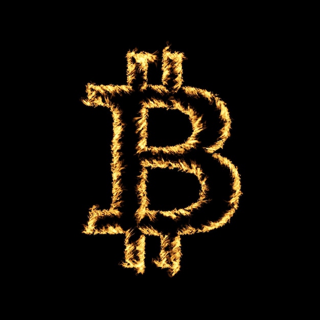 Brennender Flammeneffekt auf dem Kryptowährungssymbol vor schwarzem Hintergrund