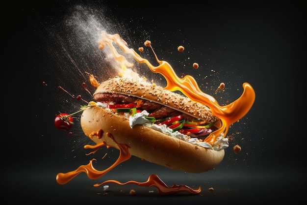 Brennender Hotdog auf schwarzem Hintergrund