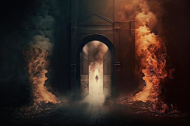 Brennender Korridor in Flammen und Rauch mit Tor zur Hölle