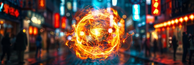 Foto brennender tennisball fliegt durch das neon-stadtbild und hinterlässt feurige spuren