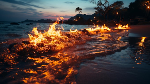 Brennendes Feuer im Meer bei Sonnenuntergang