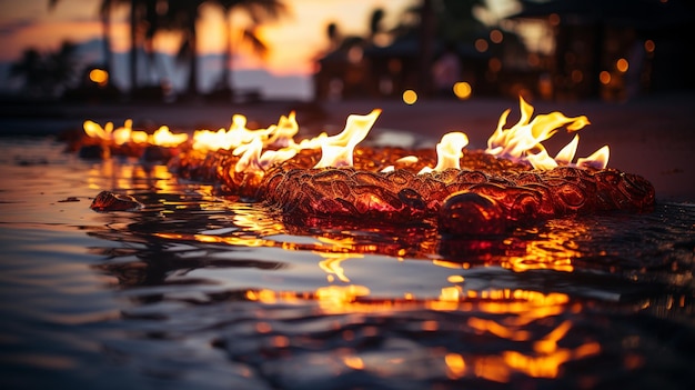 Brennendes Feuer im Meer bei Sonnenuntergang