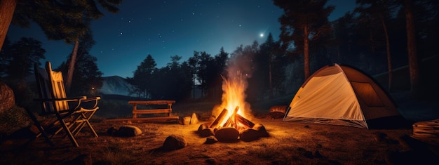 Brennendes Feuer neben dem Zelt in der Nacht auf dem Land