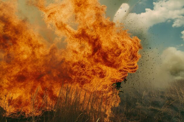 Foto brennendes gras auf dem feld feuer auf dem feld naturhintergrund