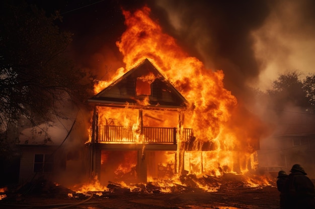 Brennendes Haus im Dorf in der Nacht. Feuer im Haus. Amerikanisches Haus brennt und Feuerwehrleute versuchen, das Feuer zu stoppen. KI-generiert