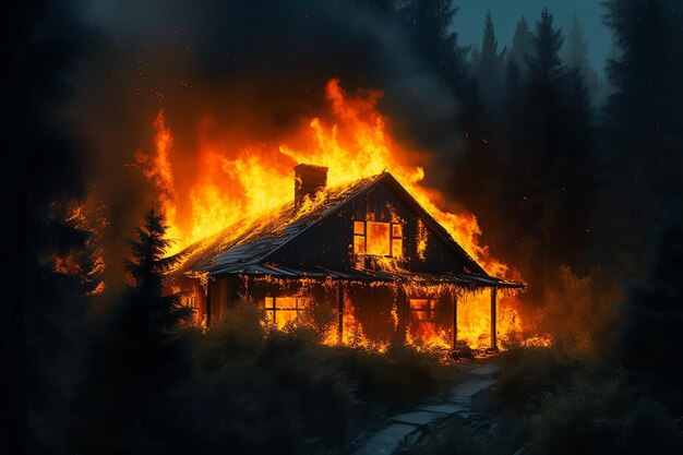 Brennendes Holzhaus mit leuchtend orangefarbenen Flammen im Hintergrund