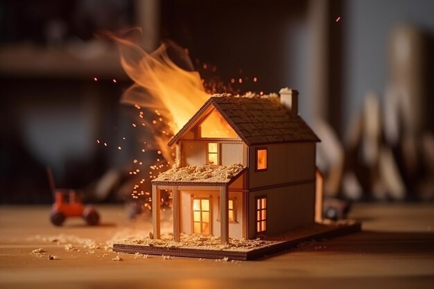 Brennendes Holzhausmodell, feuriges Chaos und Zerstörung. Stockfoto Erstellt mit generativen KI-Tools