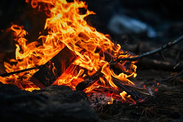 Brennendes Lagerfeuer im Wald bei Nacht auf Nahaufnahme