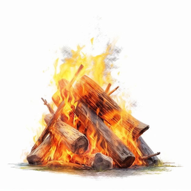 Brennendes Lagerfeuer mit Holz auf weißem Hintergrund