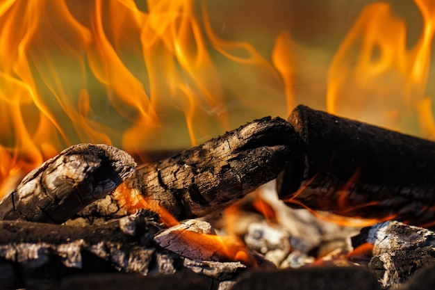 Brennholz auf dem Grill brennt helles Feuer