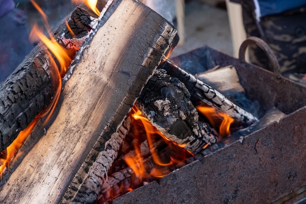 Brennholz brennt mit einem hellen Feuer im Grill.