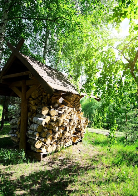 Brennholzhaufen unter dem Vordach im Park