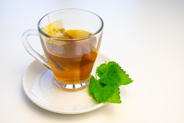 Brennnesselinfusion in durchsichtigem Becher, ein Beutel in Wasser, eine weiße Untertasse und Brennnissblätter