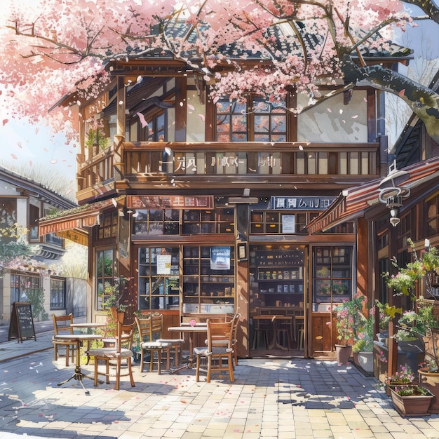 Foto brestaurante japonés con flores de cerezo