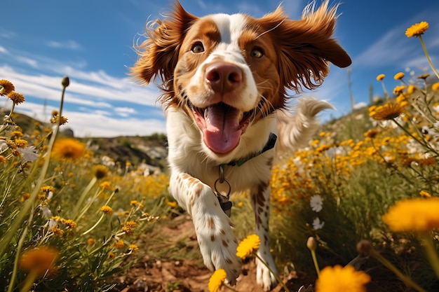 Bretagne-Hund läuft glücklich im Wildblumenfeld