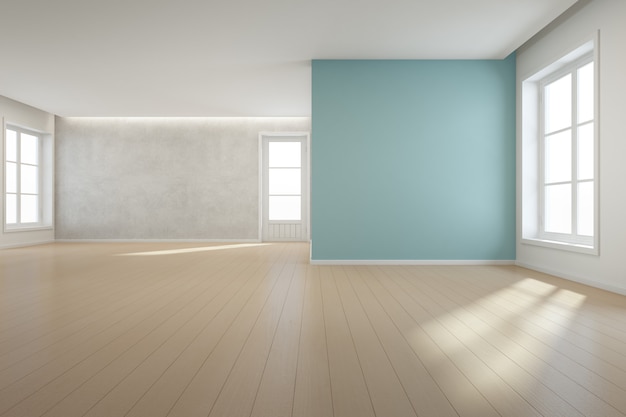 Bretterboden mit blauer Betonmauer im Großen Raum am modernen neuen Haus für große Familie.