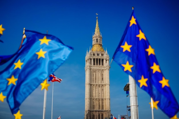 Brexit-Konzept mit der Flagge der Europäischen Union gegenüber dem Victoria Tower Westminster London