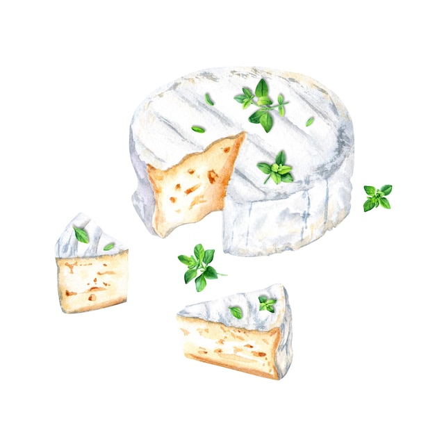 Brie-Camembert-Käse mit Thymiankraut Aquarellillustration isoliert auf weißem Hintergrund