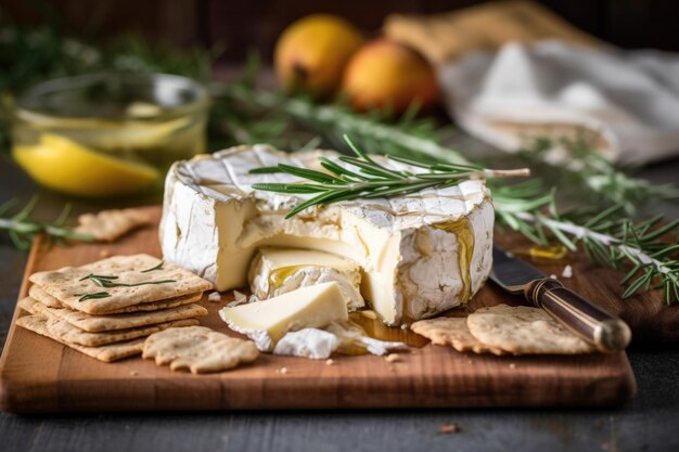 Brie cortado con higos, romero y galletas hechas con ai generativo