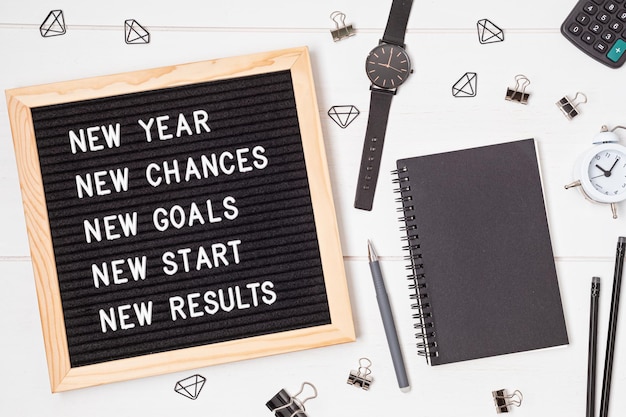 Briefbrett mit Motivationstext Neujahr, Chancen, Ziele, Start, Ergebnisse. Idee zur Neujahrsfeier