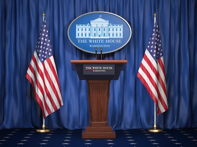 Briefing do presidente dos Estados Unidos na tribuna do orador do pódio da Casa Branca com bandeiras dos EUA e sinal do conceito de política da Casa Branca