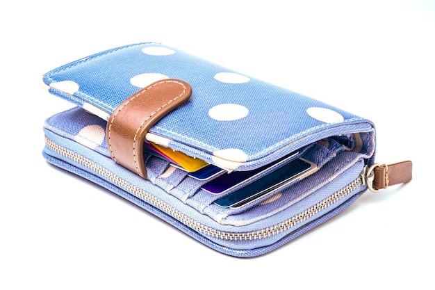 Brieftasche aus blauem und weißem Punktleder.