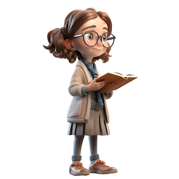Bright Brain 3D Cute Girl en carácter de profesor con un libro y gafas aislado sobre fondo blanco.