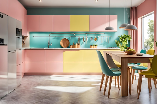Bright Pastel Paradise Sunlit Foto de una magnífica cocina moderna con un interior colorido