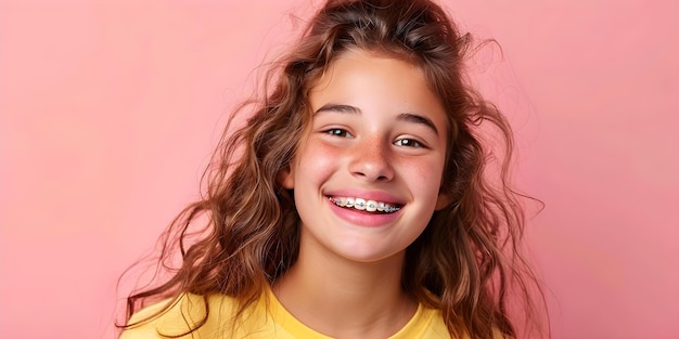 Foto bright smile adolescente com aparelhos coloridos promovendo crianças39s conceito de odontologia conceito de aparelhos dentários adolescente modelo crianças39s odontologia bright smiles promoção colorida