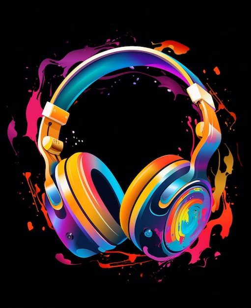 Foto brightly colored headphones with a splash of paint on a black background generative ai