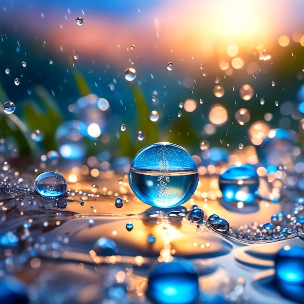 Brilha o mundo mágico da natureza, a chuva brilhante brilha bolhas de água no ar, chuva na água