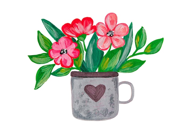 Brilhante buquê de flores pintadas acrílicas em uma caneca com um coração ilustração dia das mães desenhadas à mão