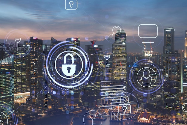 Brilhante cadeado holograma noite vista panorâmica da cidade de Cingapura Ásia O conceito de segurança cibernética para proteger as empresas Dupla exposição