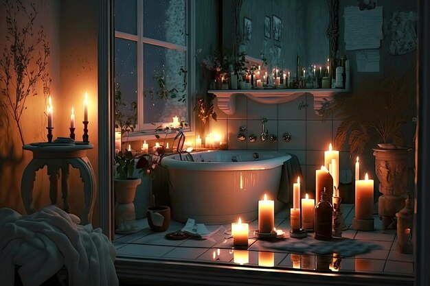 Brilhante com velas noite íntima no banheiro da casa criada com ai generativa