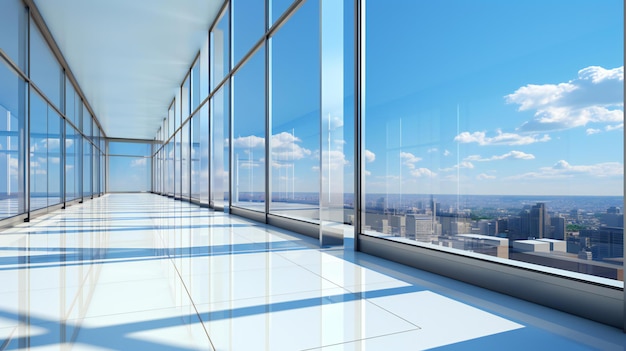 Brilhante passarela moderna Vista panorâmica da cidade através do vidro em um prédio alto